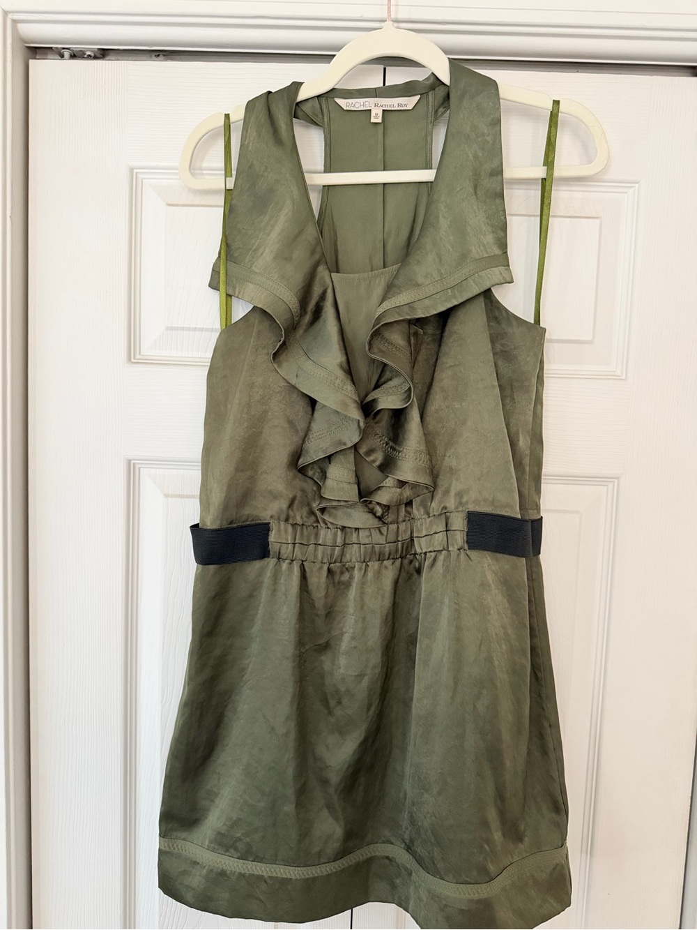 RACHEL Rachel Roy Olive Green Ruffled Sleeveless Mini Dress pockets size medium